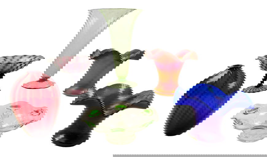 Art Glass Six Pieces Of Contemporary Art Glass, All Hand Blown, Including Two Kralik Stretch Glass