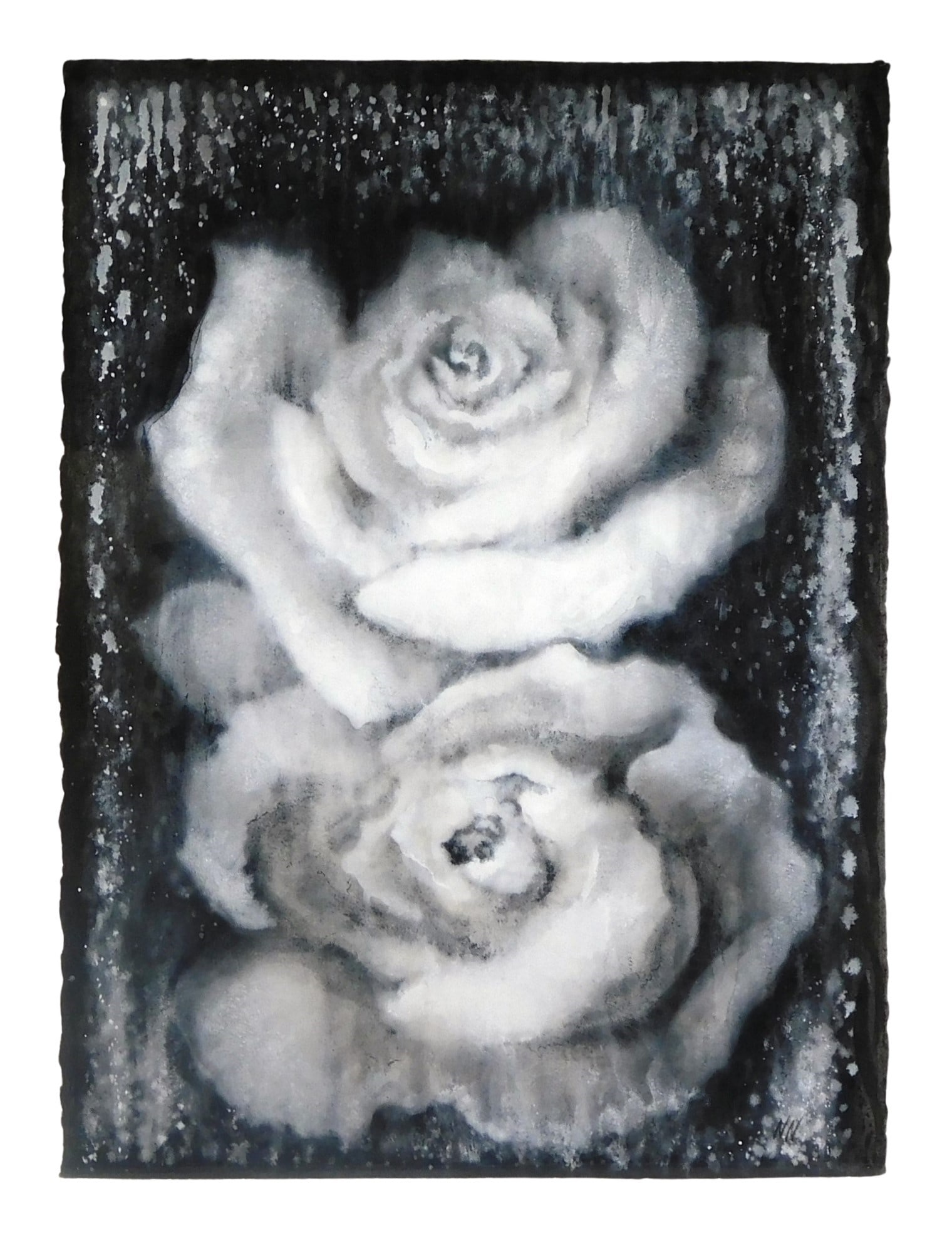 Naoto Nakagawa (Japanese-American, b.1944), "Cave Rose X", 1993, mixed media on paper, depicts two: Naoto Nakagawa (Japanese-American, b.1944), "Cave Rose X", 1993, mixed media on paper, depicts two white roses with speckled white on black background with deckled edge, monogrammed "NN" at lower righ
