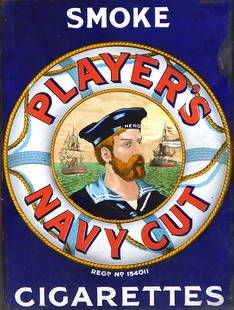 Player's Navy Cut two sided sign, enamel early 20th C., featuring the Player's Navy Cut mascot on fr: Player's Navy Cut two sided sign, enamel early 20th C., featuring the Player's Navy Cut mascot on front, text on both sides reads "Smoke Player's Navy Cut Cigarettes", framed, loss to enamel on top ri