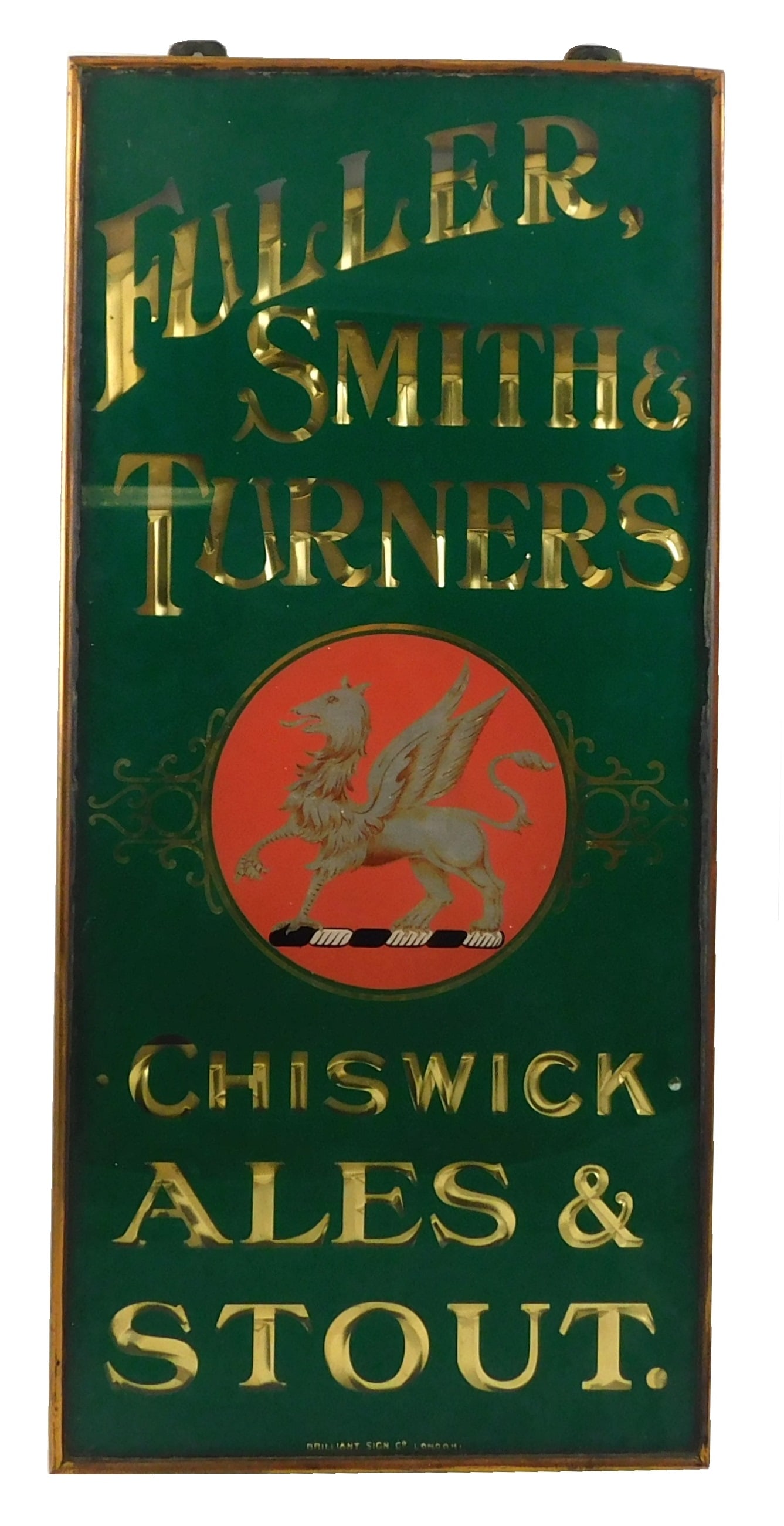 Fuller, Smith, and Turners sign, composed of multiple sheets of painted metal layered behind glass, (1 of 5)