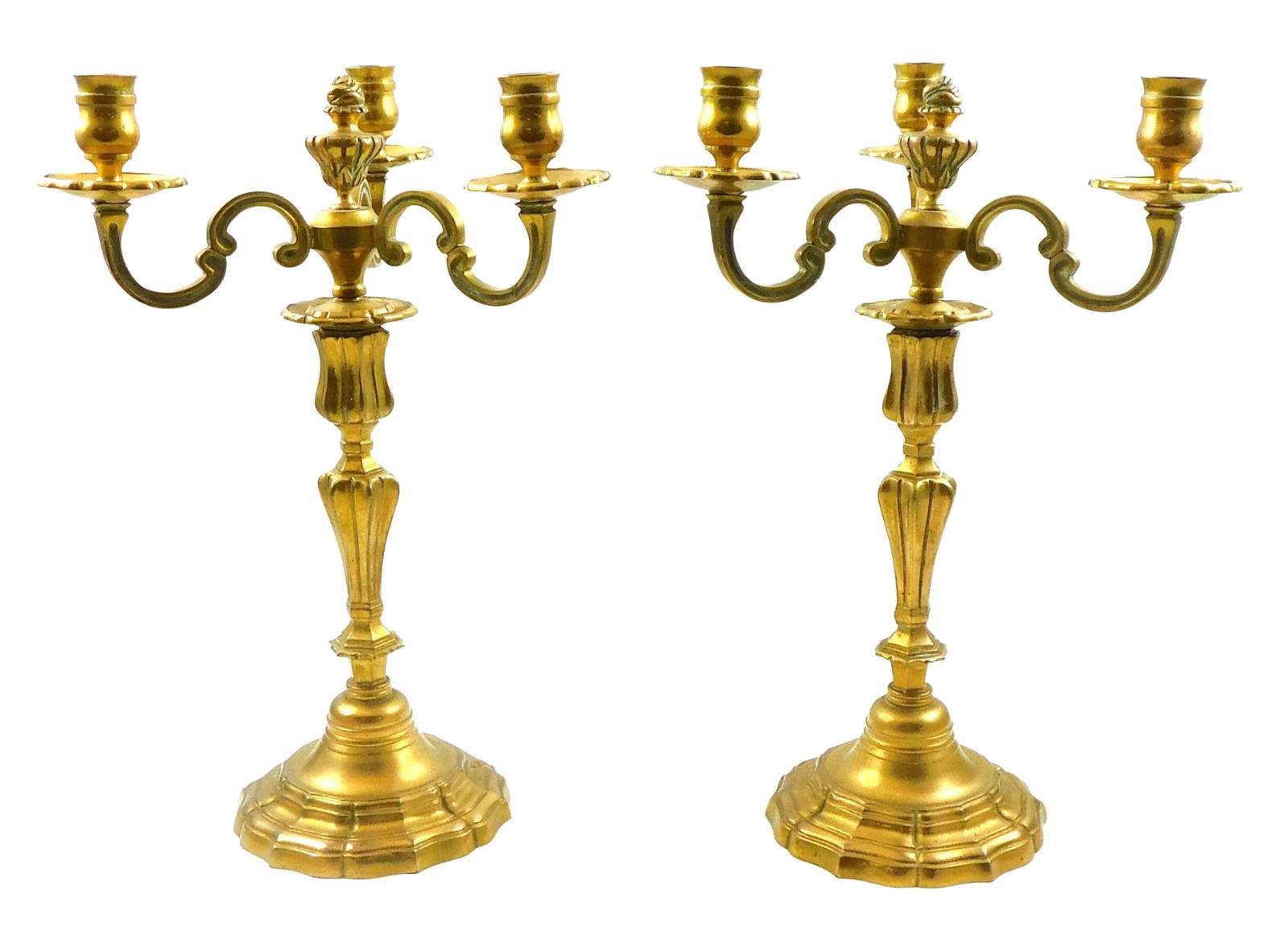 Pair of 19th C. candelabra, bronze or brass, three arm with scroll design, rose knops, tapered waist (1 of 5)