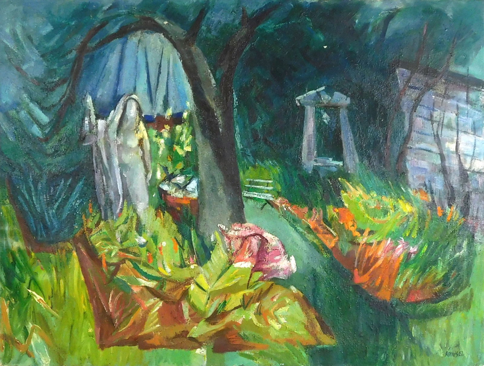 Walter Reinsel (American, 1905 - 1979), oil on canvas, depicts lush garden with statue and other: Walter Reinsel (American, 1905 - 1979), oil on canvas, depicts lush garden with statue and other stonework, signed lower right, previously sold at auction for $210 in 2010, unframed, wear consistent w