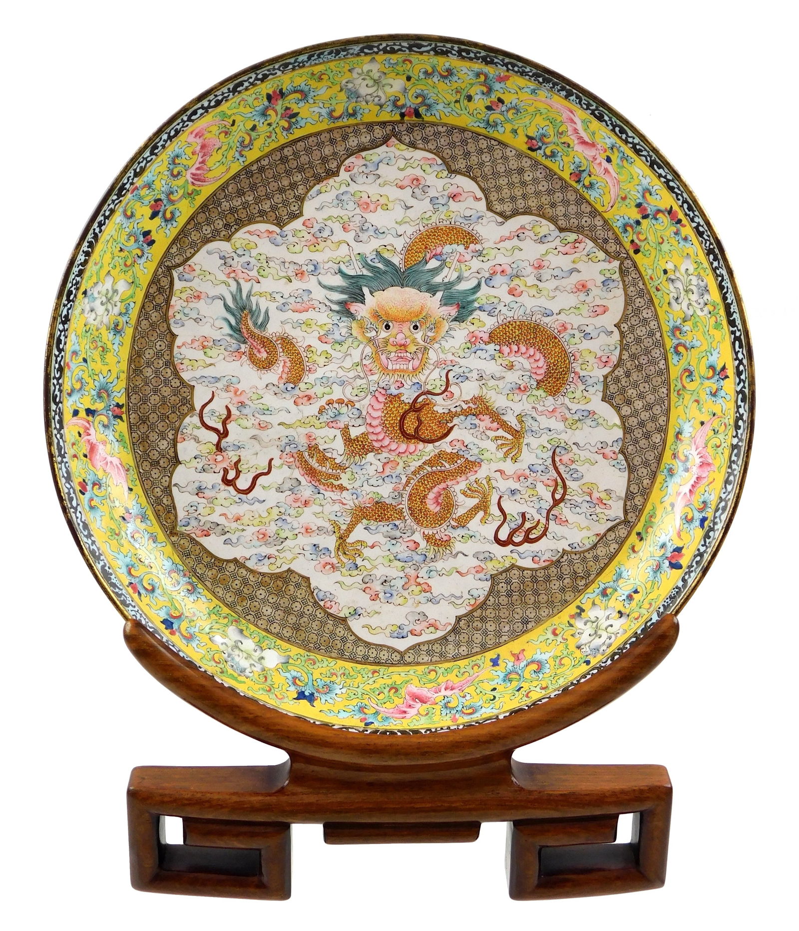 ASIAN: Canton enamel 'Dragon' dish, Chinese, Qing Dynasty, enamel on metal likely bronze, central (1 of 8)