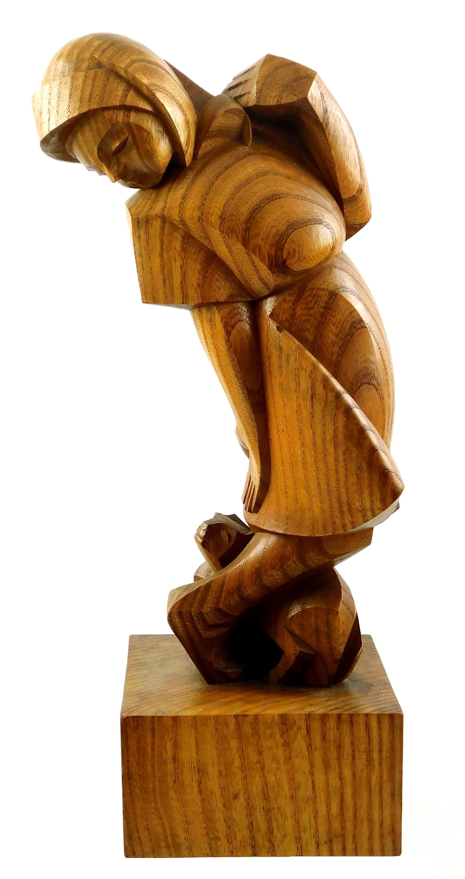Contemporary wood sculpture of a girl with cat, with attached block pedestal, initialed and marked: Contemporary wood sculpture of a girl with cat, with attached block pedestal, initialed and marked in marker on base "GW 238/85", wear consistent with age, 15" h.