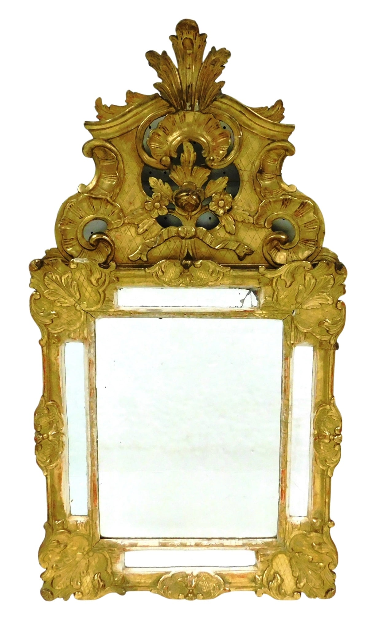 Venetian Rococo style carved giltwood frame wall mirror, late 18th/ early 19th C., crest carved and (1 of 6)