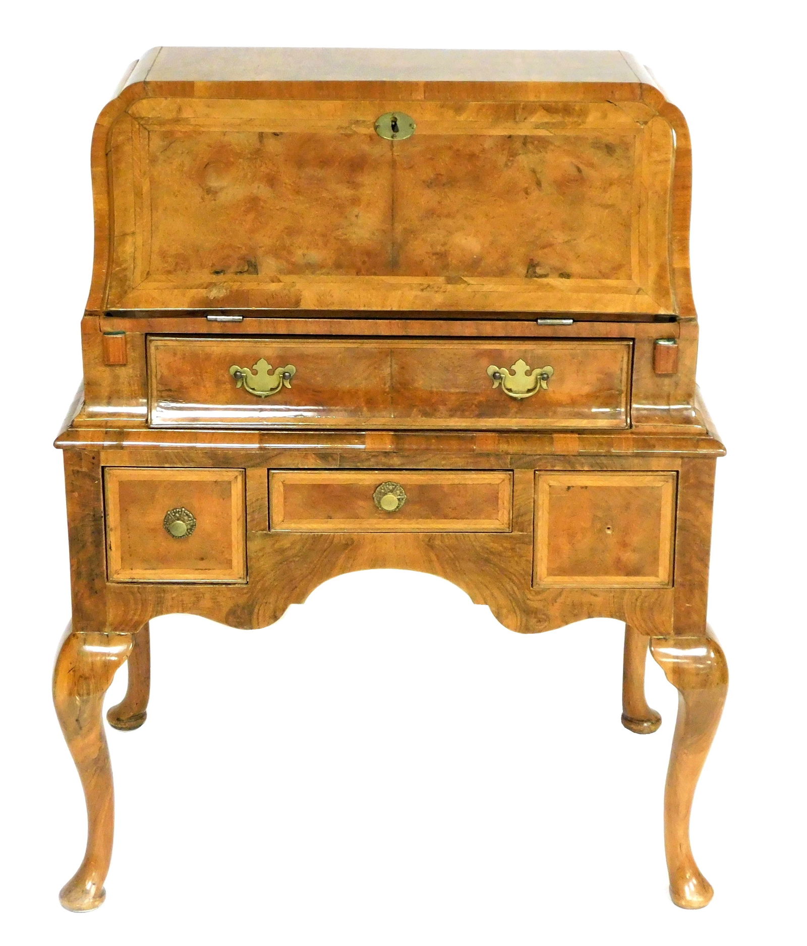 +European burl slant front lady's desk, older parts with repairs and alterations, drop front reveals (1 of 3)