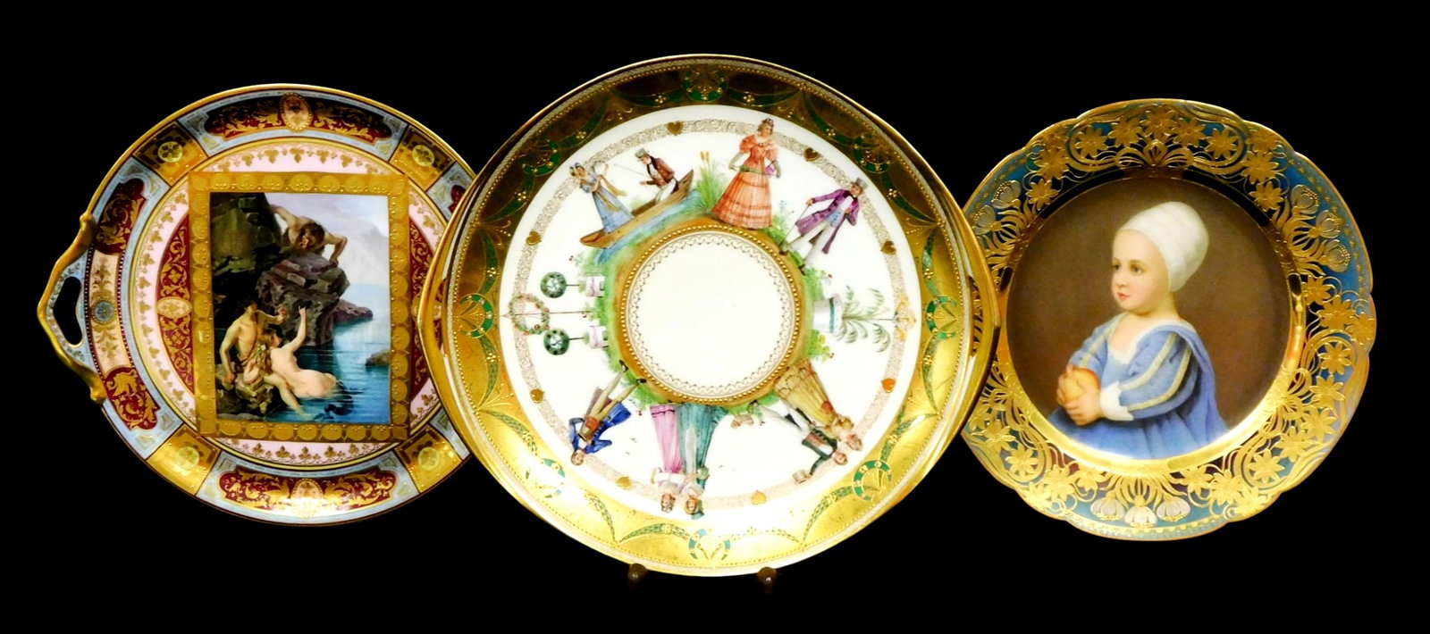 Three hand painted cabinet plates, Royal Vienna and Porzellanmalerei Ambrosius Lamm of Dresden,: Three hand painted cabinet plates, Royal Vienna and Porzellanmalerei Ambrosius Lamm of Dresden, Germany, including: Royal Vienna "Baby Stuart" plate, gilt and blue floral rim with painted little child