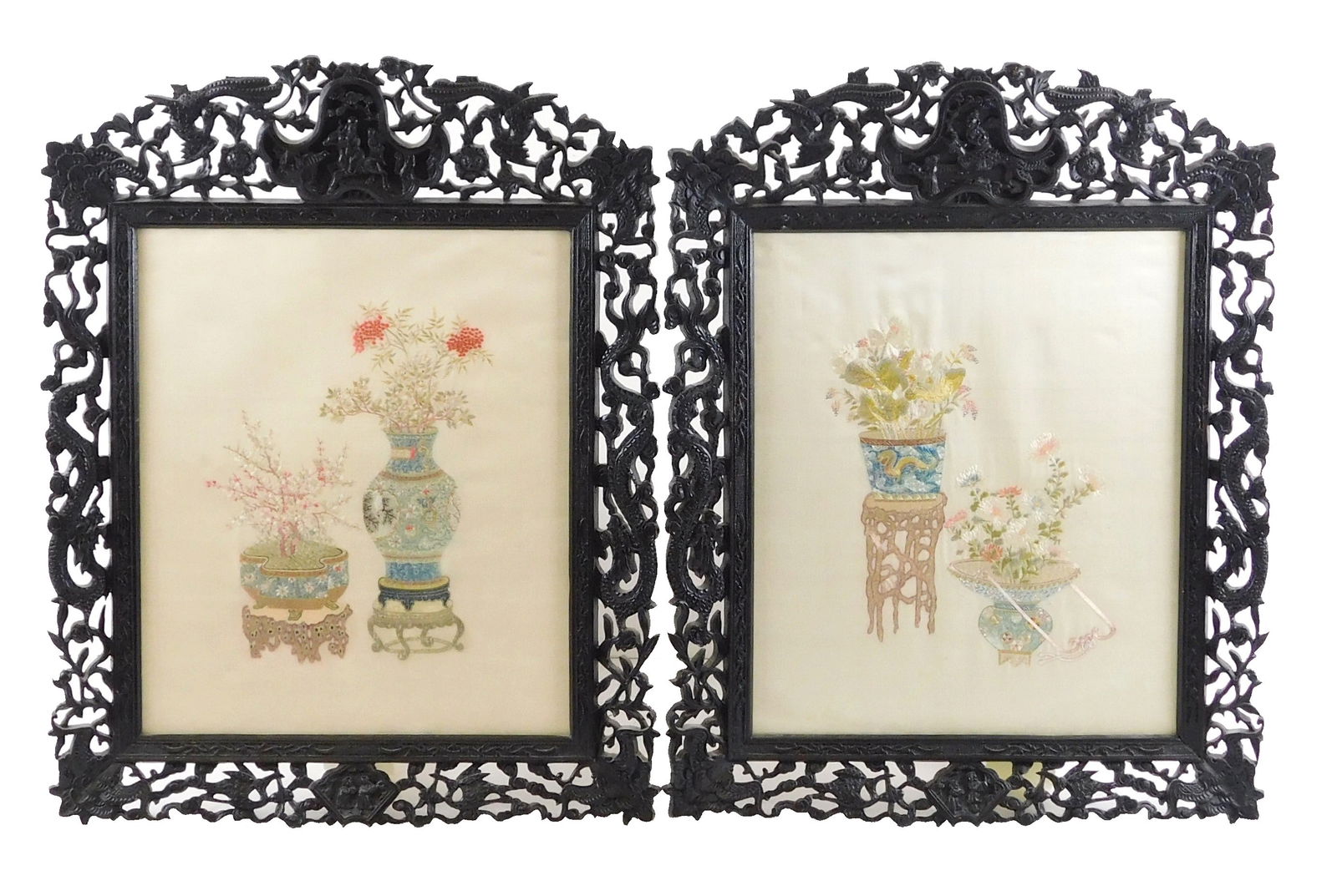 ASIAN: Pair of still life needleworks in ornately carved and reticulated frames, Chinese, late 19th/ (1 of 4)