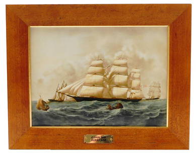 Wedgwood porcelain plaque with depiction of the clipper ship Hurricane, after painting by James E.: Wedgwood porcelain plaque with depiction of the clipper ship Hurricane, after painting by James E. Buttersworth, marked verso "Wedgwood of Etruria & Barlaston Made in England", along with a descriptio