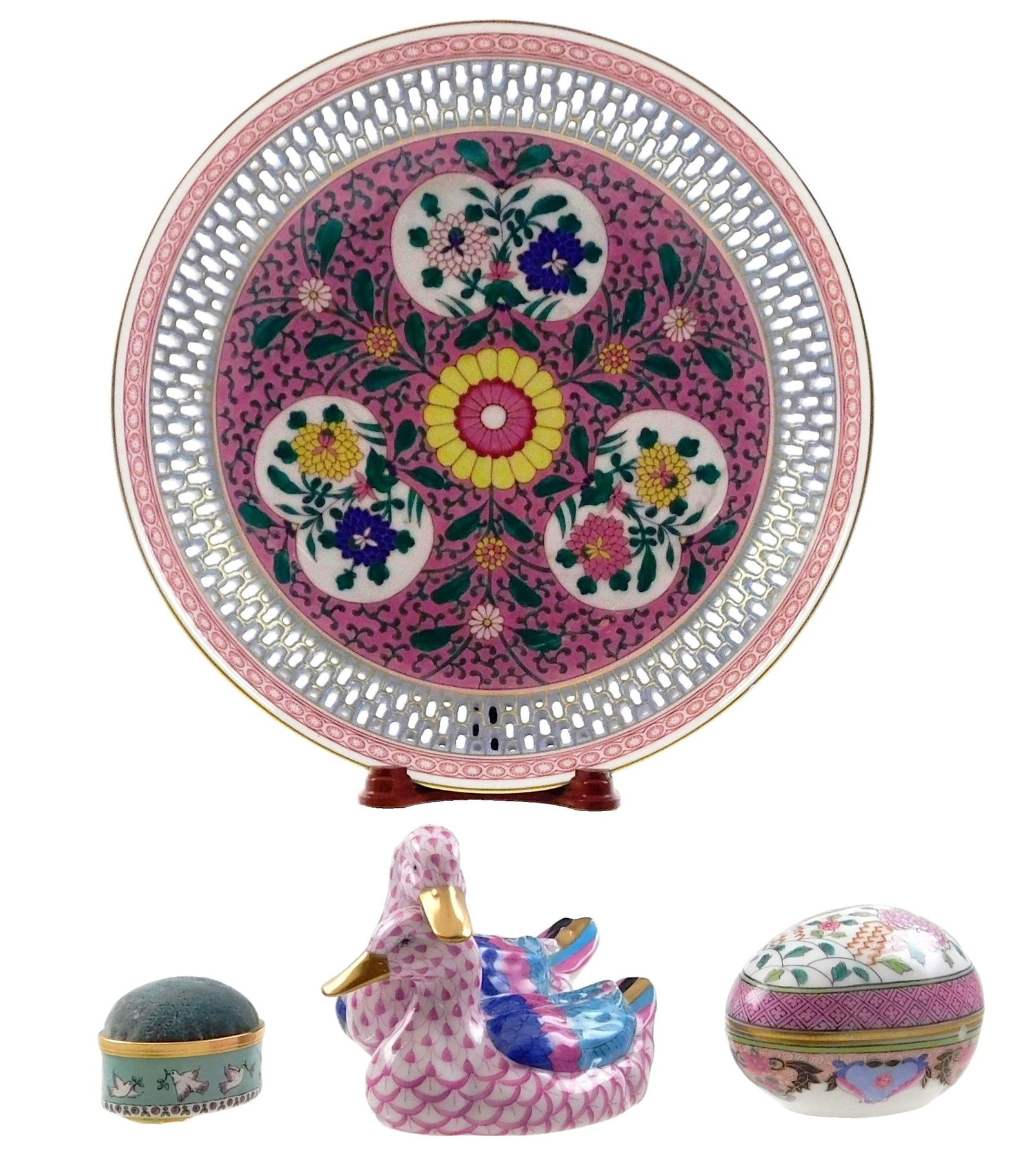 Herend and Halcyon Days, four porcelain pieces with floral and bird motif including: Herend hand (1 of 6)