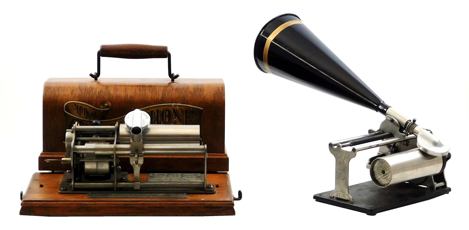 Two Columbia phonographs, including: the Colombia model "Q", open mechanism design, paper labeling (1 of 9)