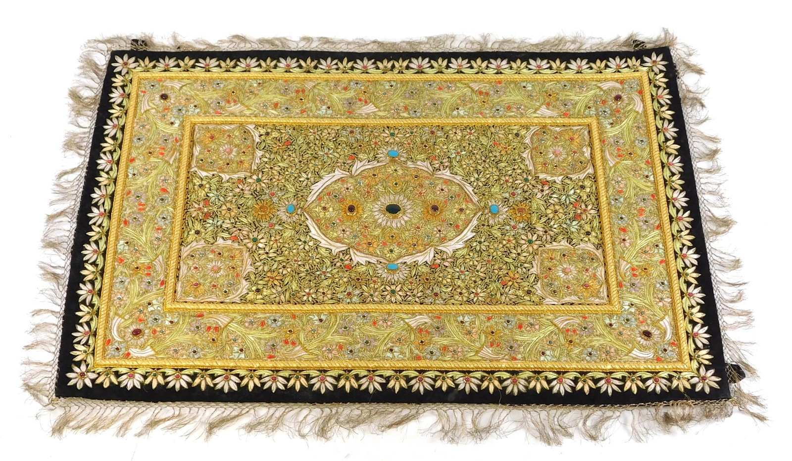 Vintage jeweled Kashmir tapestry with Zardozi embroidery, India, 20th C., hand-made, elaborate: Vintage jeweled Kashmir tapestry with Zardozi embroidery, India, 20th C., hand-made, elaborate design embedded with semi-precious and semiprecious type stones, on black ground and with back border, fr