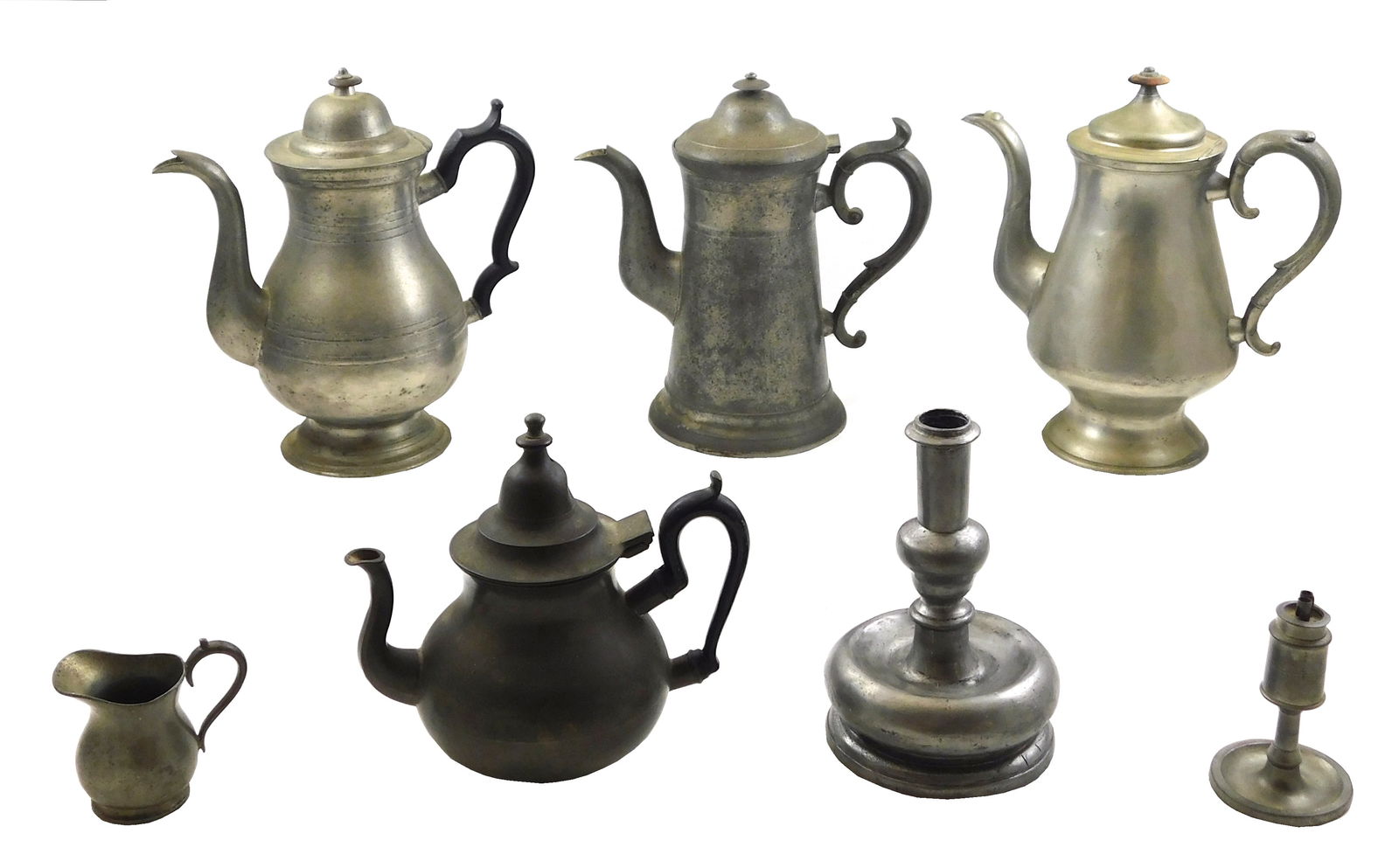 19th- 20th C. Pewter, seven pieces, including: three mid-19th C. coffee pots, makers include Freemen (1 of 6)