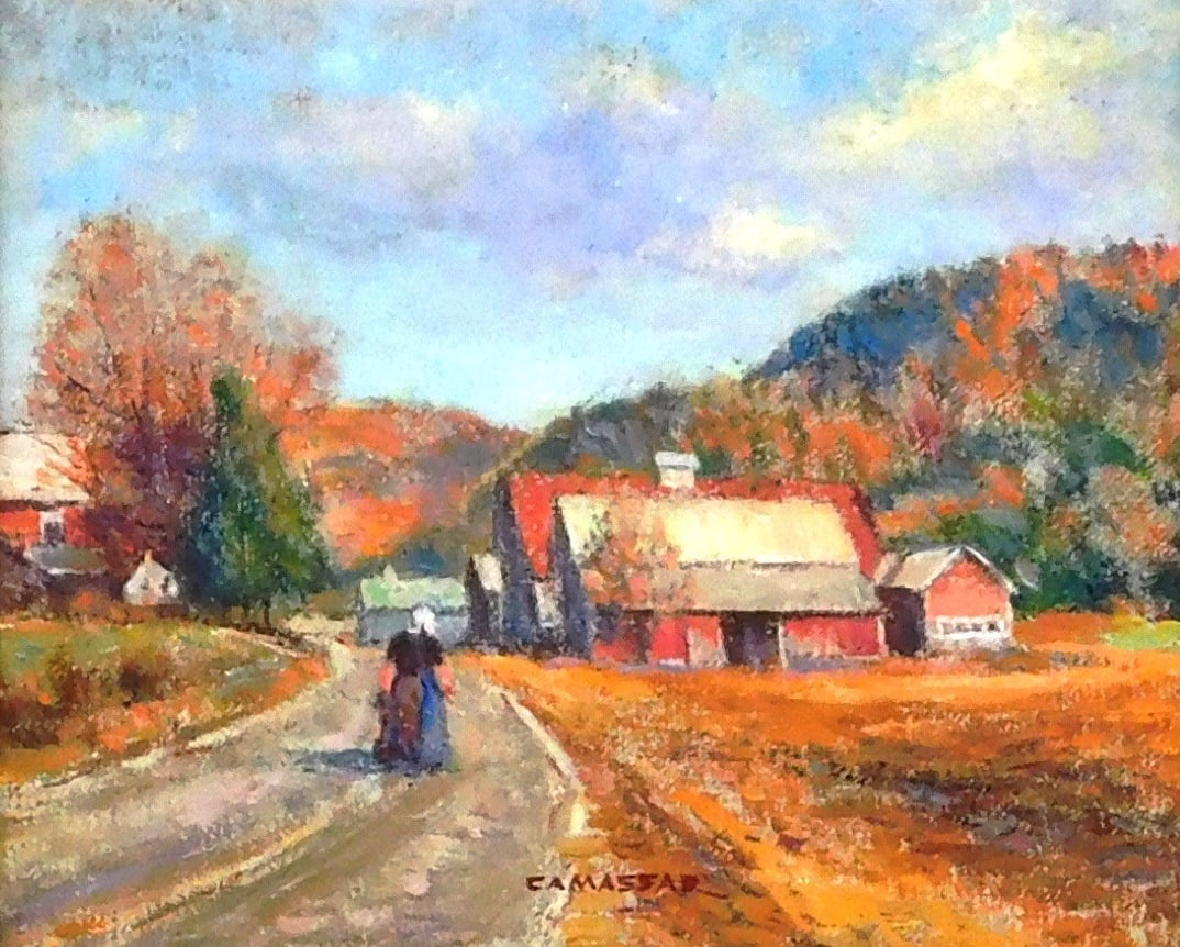 Gershon Camassar (American, 1908 - 1995), "Farm on White River, VT", oil on canvas, depicts Fall lan (1 of 4)