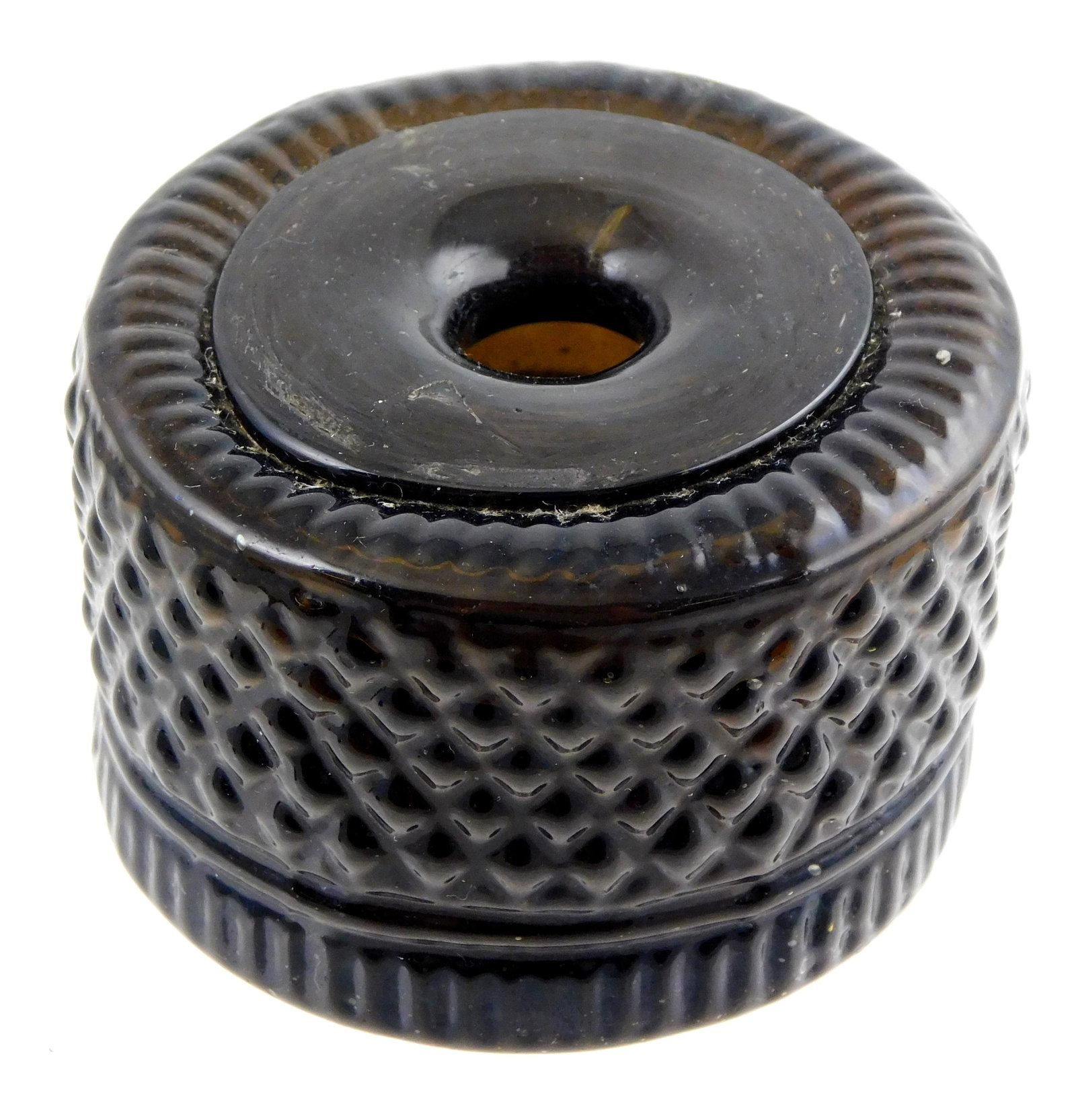 GLASS: Coventry Colored geometric inkwell, deep amber color, round form, raised diamond hobnail, ope (1 of 4)