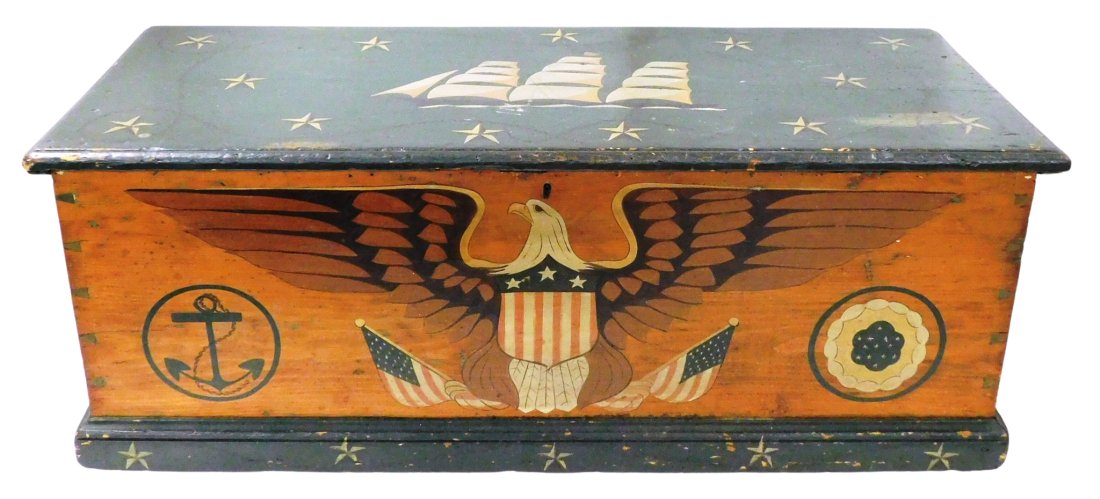Nautical themed blanket chest, 19th C., American, pine, later painted eagle, rope, anchor and ship d (1 of 6)