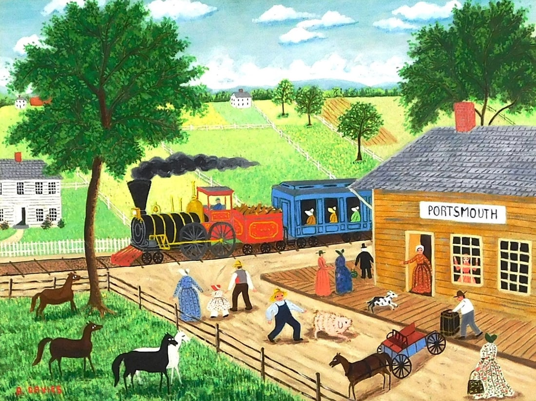 Albert (Webster) Davies (American, 1889-1967), "Portsmouth", oil on canvasboard, primitive/ naive st (1 of 4)