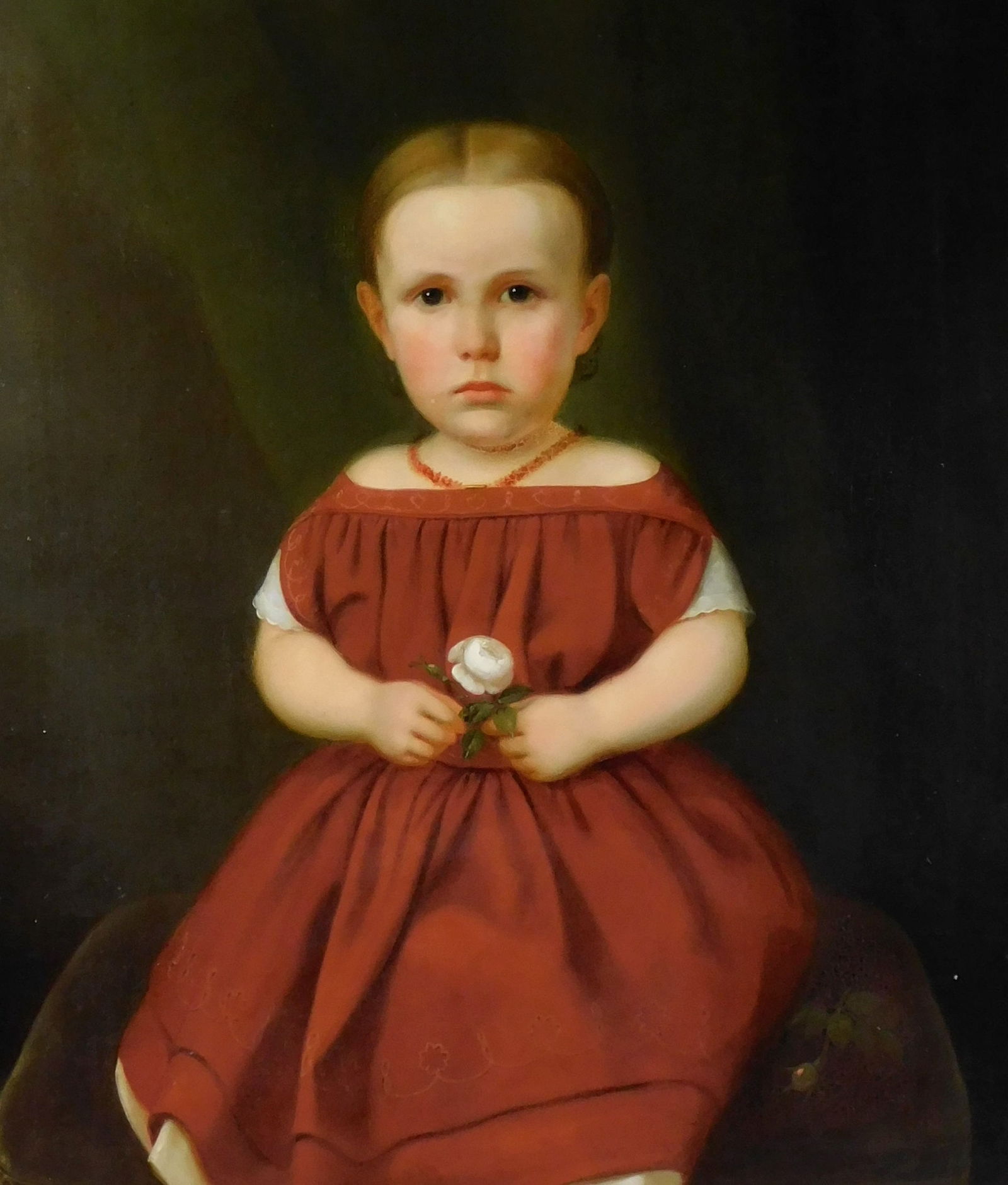 Portrait of a young girl, mid 19th C., oil on canvas, depicts fair child with dark eyes holding whit (1 of 7)