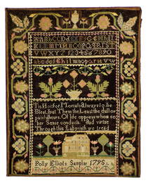 +SCHOOLGIRL SAMPLER: Mary "Polly" Elliot (American, 1776 - 1859), needlework sampler, 1795, silk on 