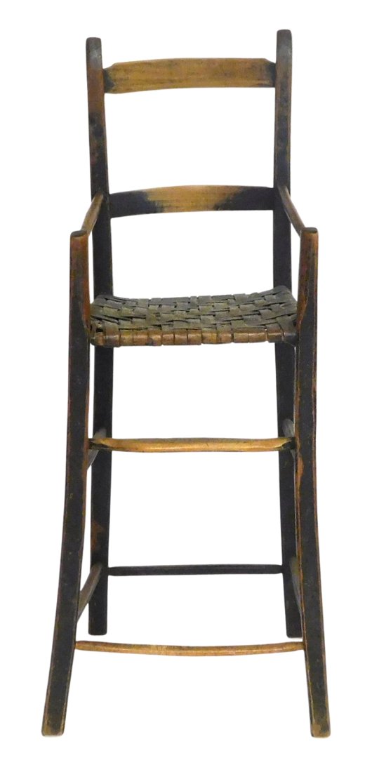 Child's high chair, c. 1825, in original black paint, two slat ladder back, thumb-back stiles, round (1 of 4)