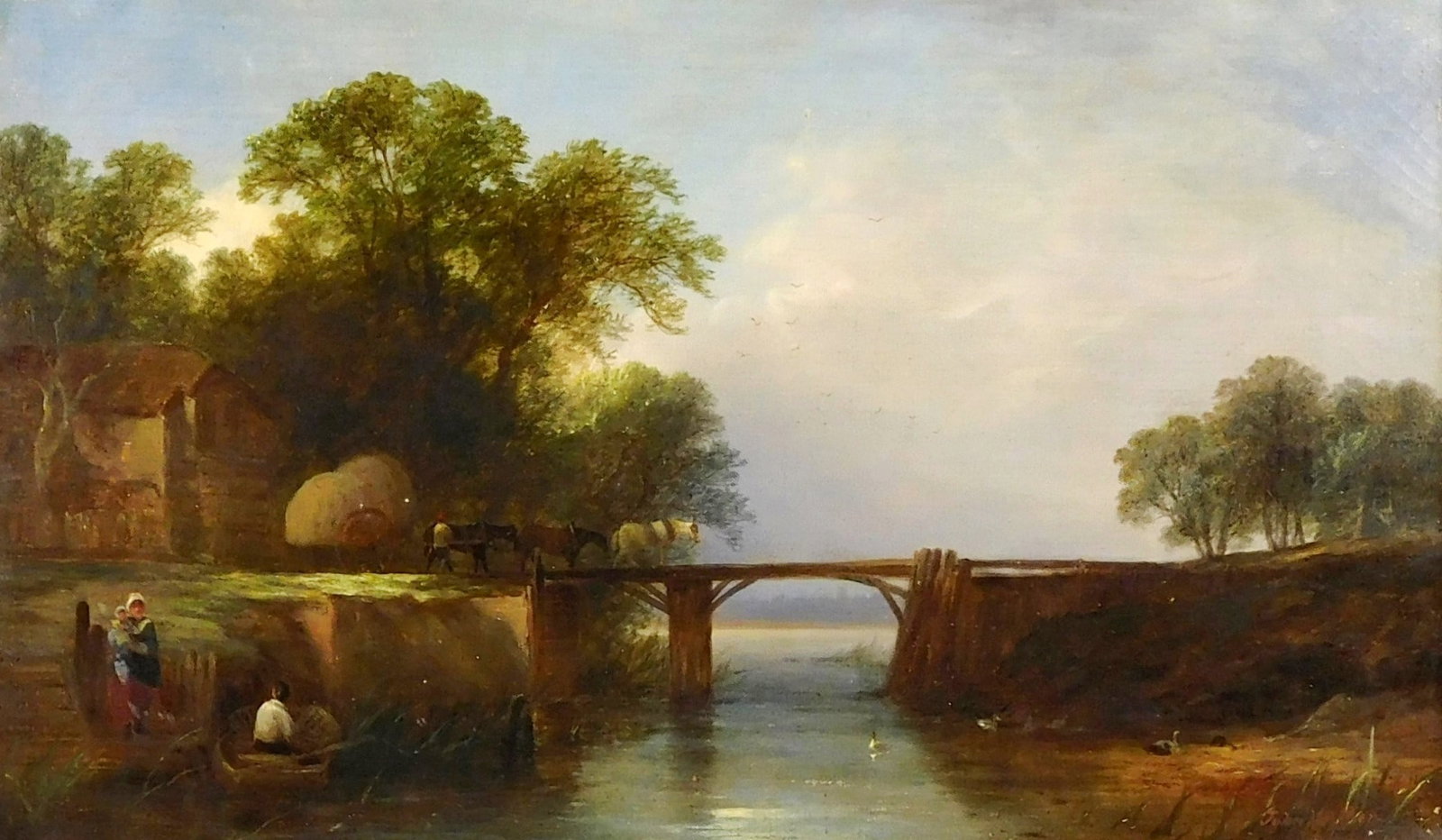 John Walker 19th C. Pastoral oil on canvas, depicting horse drawn wagon crossing bridge, figures, et: John Walker 19th C. Pastoral oil on canvas, depicting horse drawn wagon crossing bridge, figures, etc., signed "John Walker" lower right, and inscribed below "London, 1860", preparer's stamp verso, we
