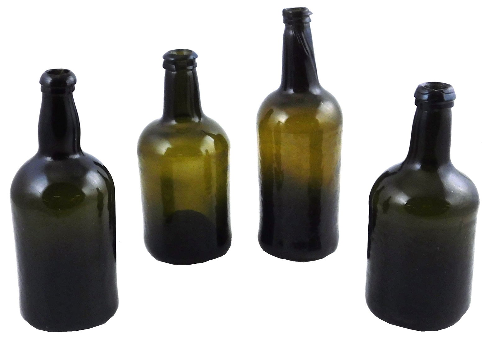 GLASS: Four black glass free-blown spirit bottles, English c.1830-1850, deep yellow olive, with appl (1 of 4)