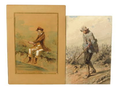 Paul Gavarni (French 1804-1866),Two watercolors titled "Empty-Handed" and "Man Fishing", each signed: Paul Gavarni (French 1804-1866),Two watercolors titled "Empty-Handed" and "Man Fishing", each signed lower right, "Man Fishing" is hinged to top of mat, both have wear consistent with age, including