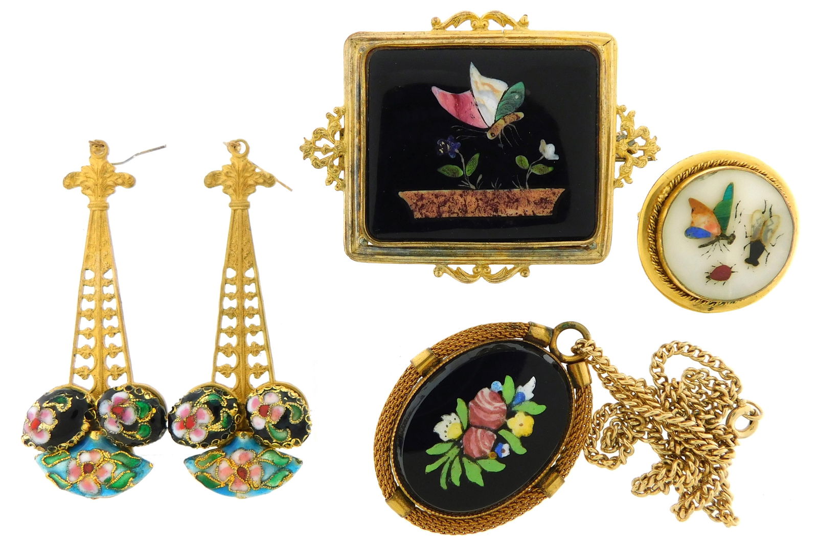 JEWELRY: Five silver and 10k floral pieces, 19th C, pietra dura and similar style, including two tes (1 of 8)