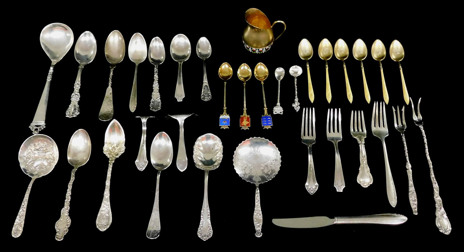 SILVER: Thirty plus pieces of silverware including a Soviet Russia .916 enameled band creamer with g (1 of 3)