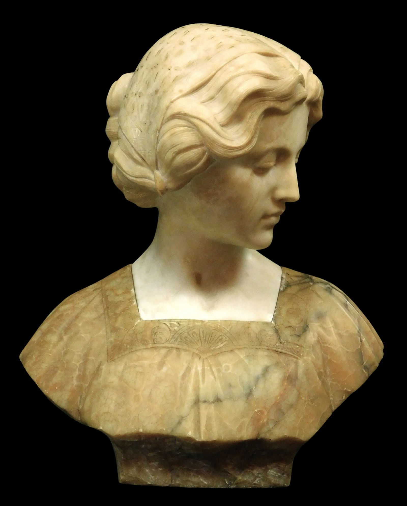 19th C. Continental Bust of young woman, carved from alabaster with marble base, with finely detaile (1 of 6)