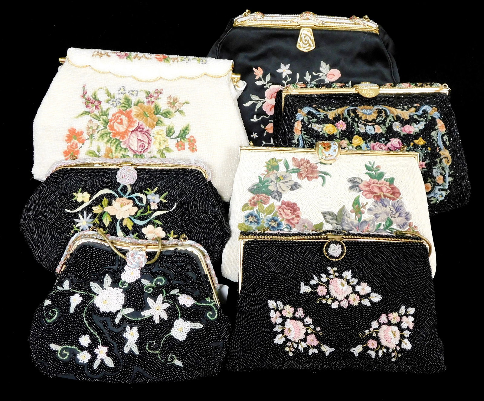 TEXTILES: Seven beaded, embroidered, and Petit Point purses, 20th C., all with floral designs, inclu (1 of 1)