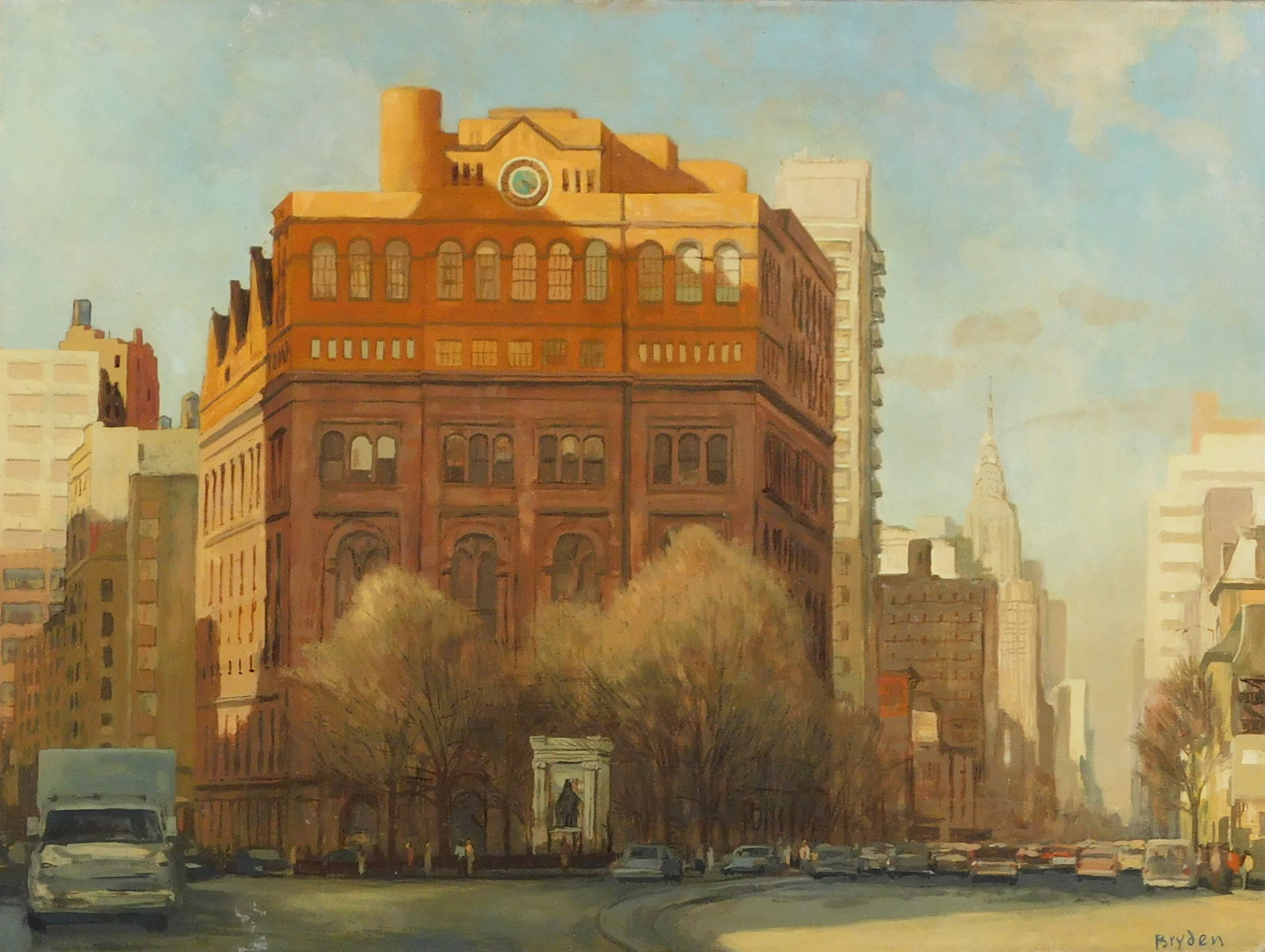 Lewis Bryden (Massachusetts, 1944-), "Cooper Union", c. 1984, oil on canvas, New York City cityscape: Lewis Bryden (Massachusetts, 1944-), "Cooper Union", c. 1984, oil on canvas, New York City cityscape, with Cooper Union and Cooper Triangle in the foreground, and the Chrysler Building in view, signed