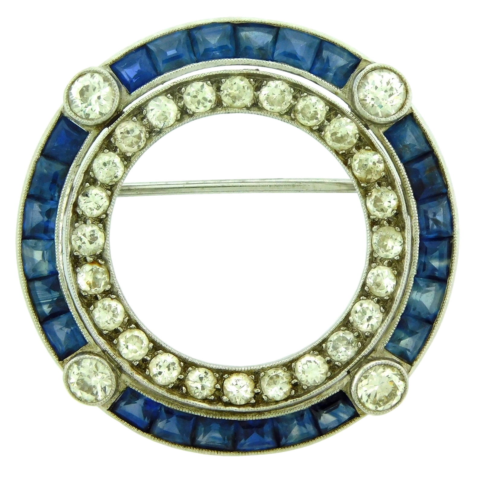JEWELRY: Art Deco Diamond & Sapphire Circle Brooch, tested platinum Art Deco open circle brooch with (1 of 3)