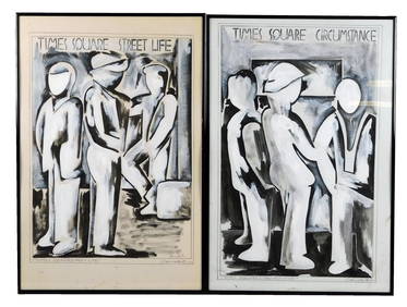 Loulyn Carstater (American, 1941-1998), two gouache works, "Times Square Street Life" and "Times Squ (1 of 7)