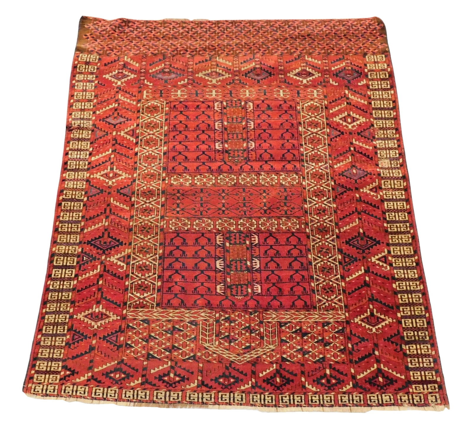 RUG: Antique Bokhara prayer rug, 3’ 9” x 4’ 8”, wool on wool, red field with (1 of 3)