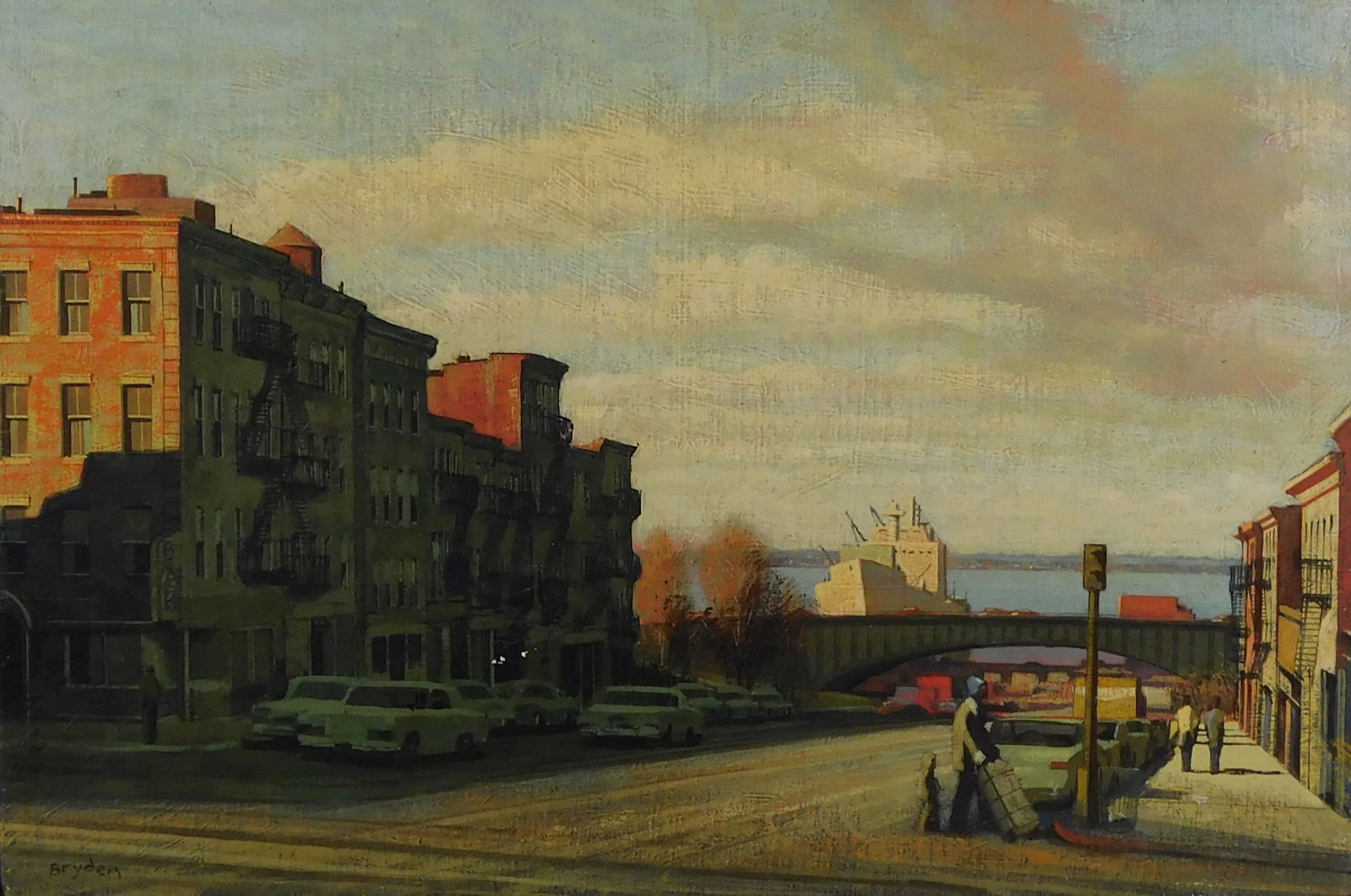 Lewis Bryden (Massachusetts, 1944-), oil on canvas, cityscape with rivers in distance, signed lower  (1 of 4)