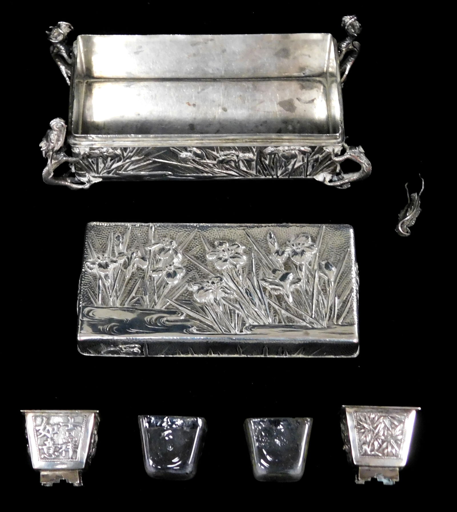 +ASIAN: Silver box and pair of open salts, including: Japanese Silver box, Meji period, with iris an (1 of 5)