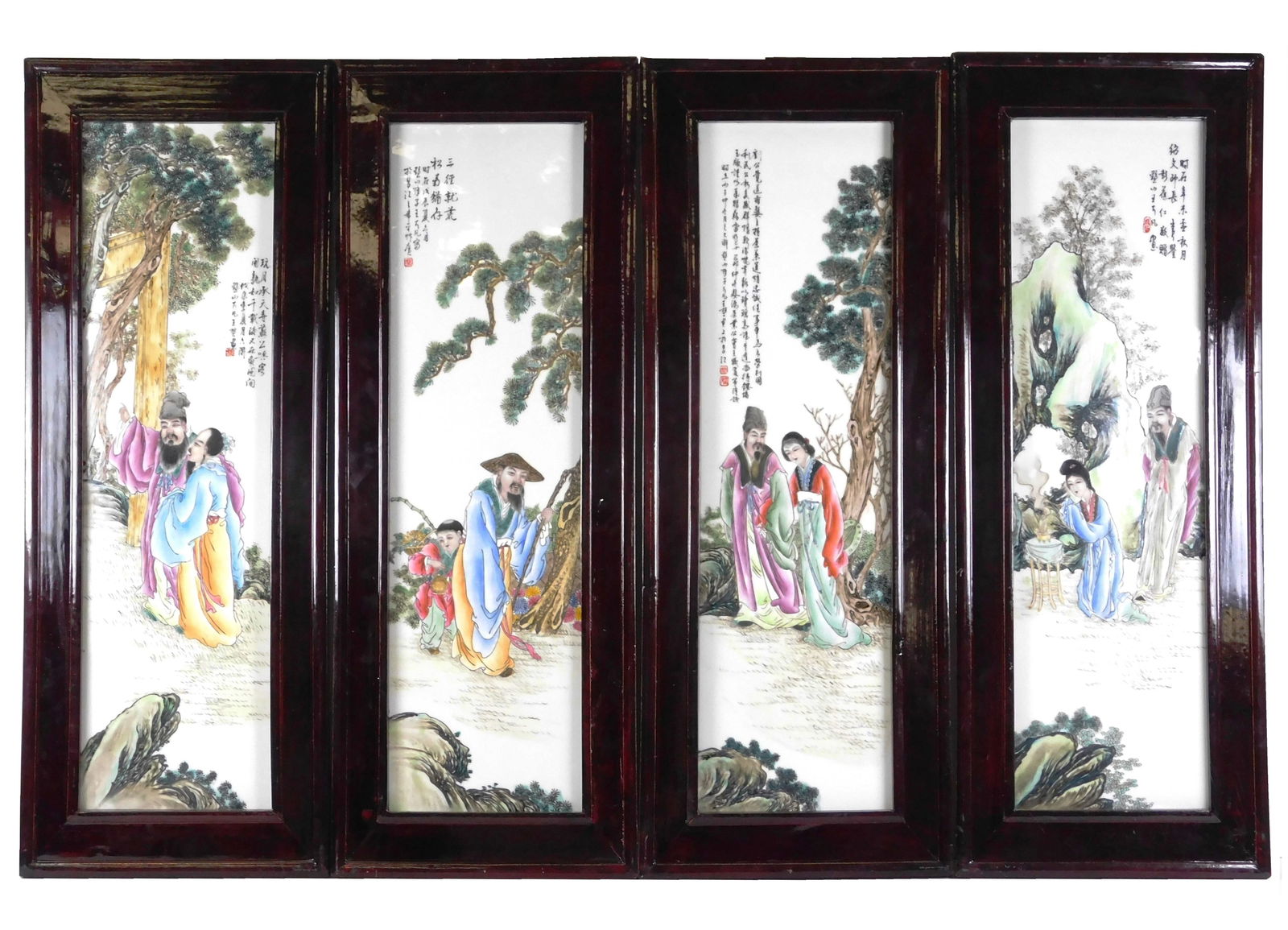 ASIAN: Four Chinese hand painted porcelain plaques of figures, 20th C., depicts various men and wome (1 of 8)