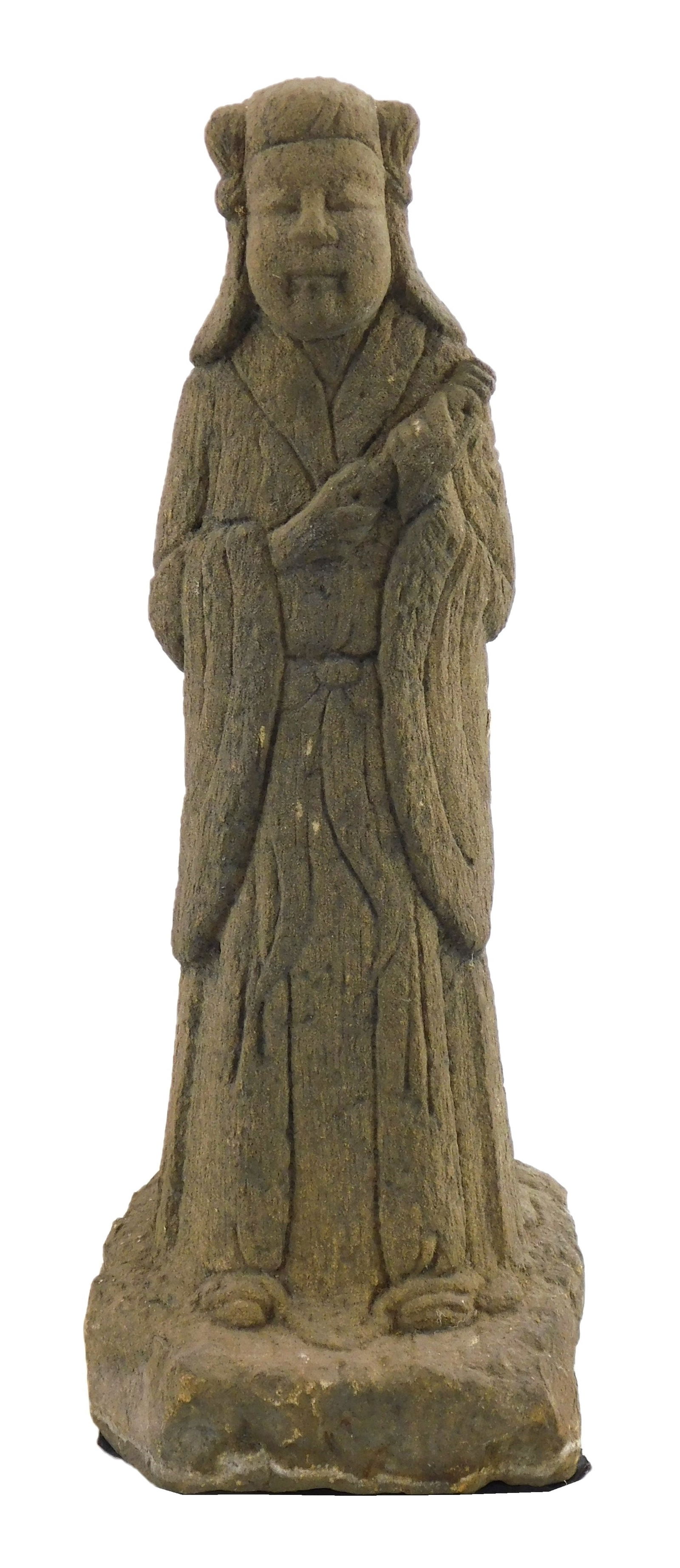 ASIAN: Carved stone deity, Chinese, standing figure holding scroll in traditional robes, naturalized (1 of 5)