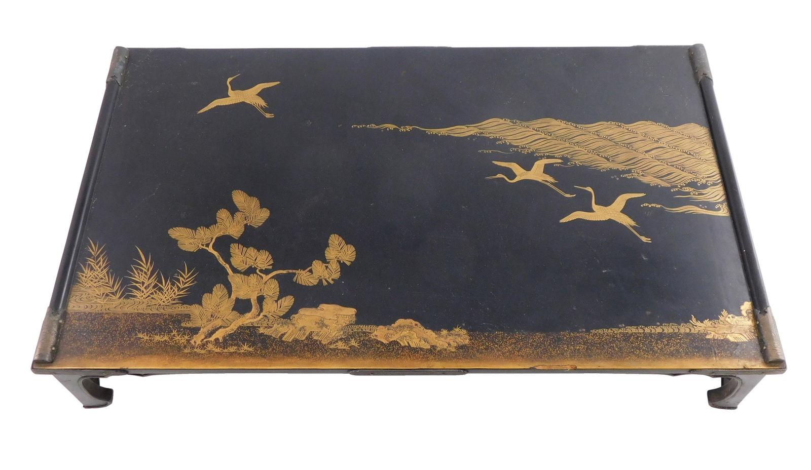 ASIAN: Japanese black lacquer and gilt raised platform, early 20th C., flying crane motif, some dent (1 of 4)