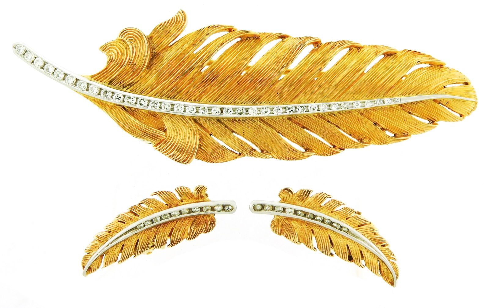 JEWELRY: Diamond Feather Brooch and earrings: stamped 14K yellow gold feather brooch with a mixture  (1 of 3)