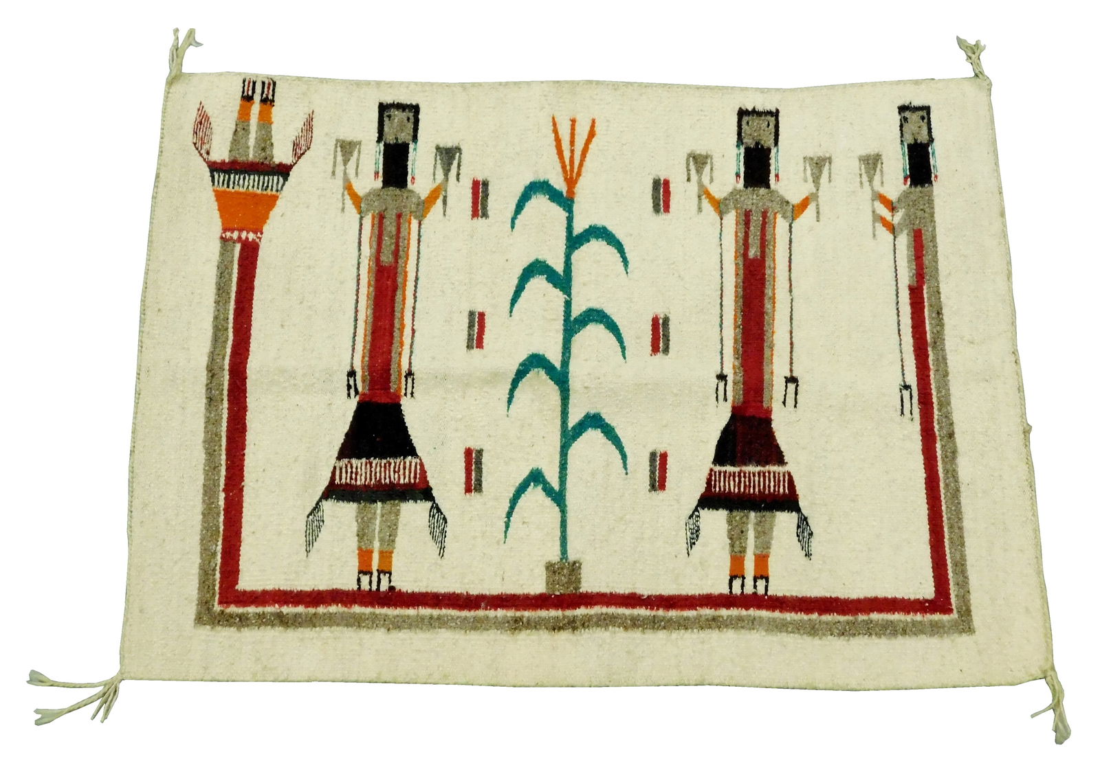 RUG: Navajo Yei Be Chei figure polychrome rug, 27” x 38”, handwoven 20th C., featuring t (1 of 3)