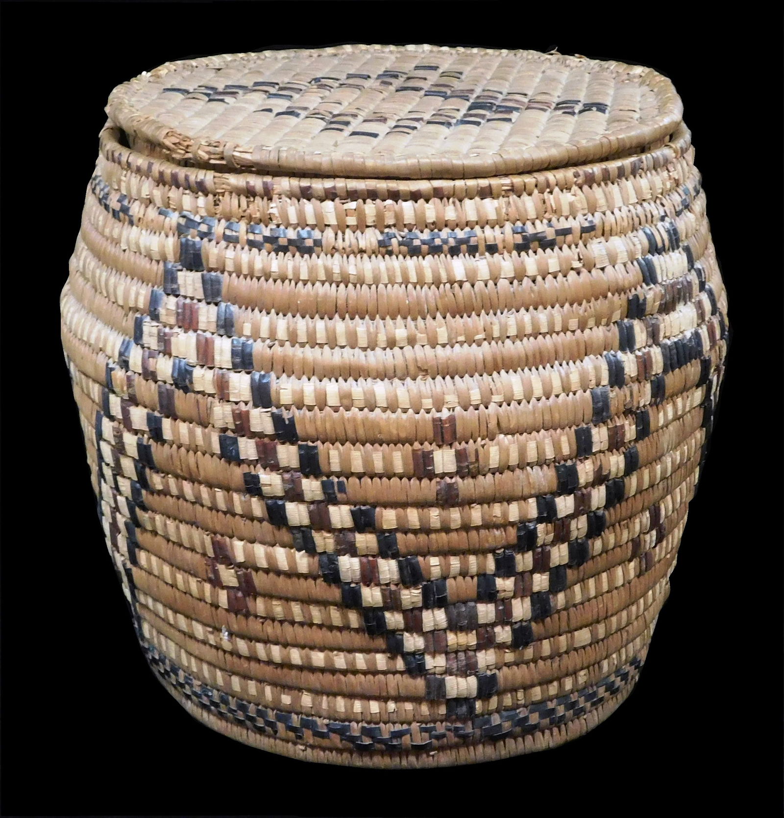 TRIBAL: Native American Northwest covered basket, early 20th C., with painted designs, wear consiste (1 of 5)