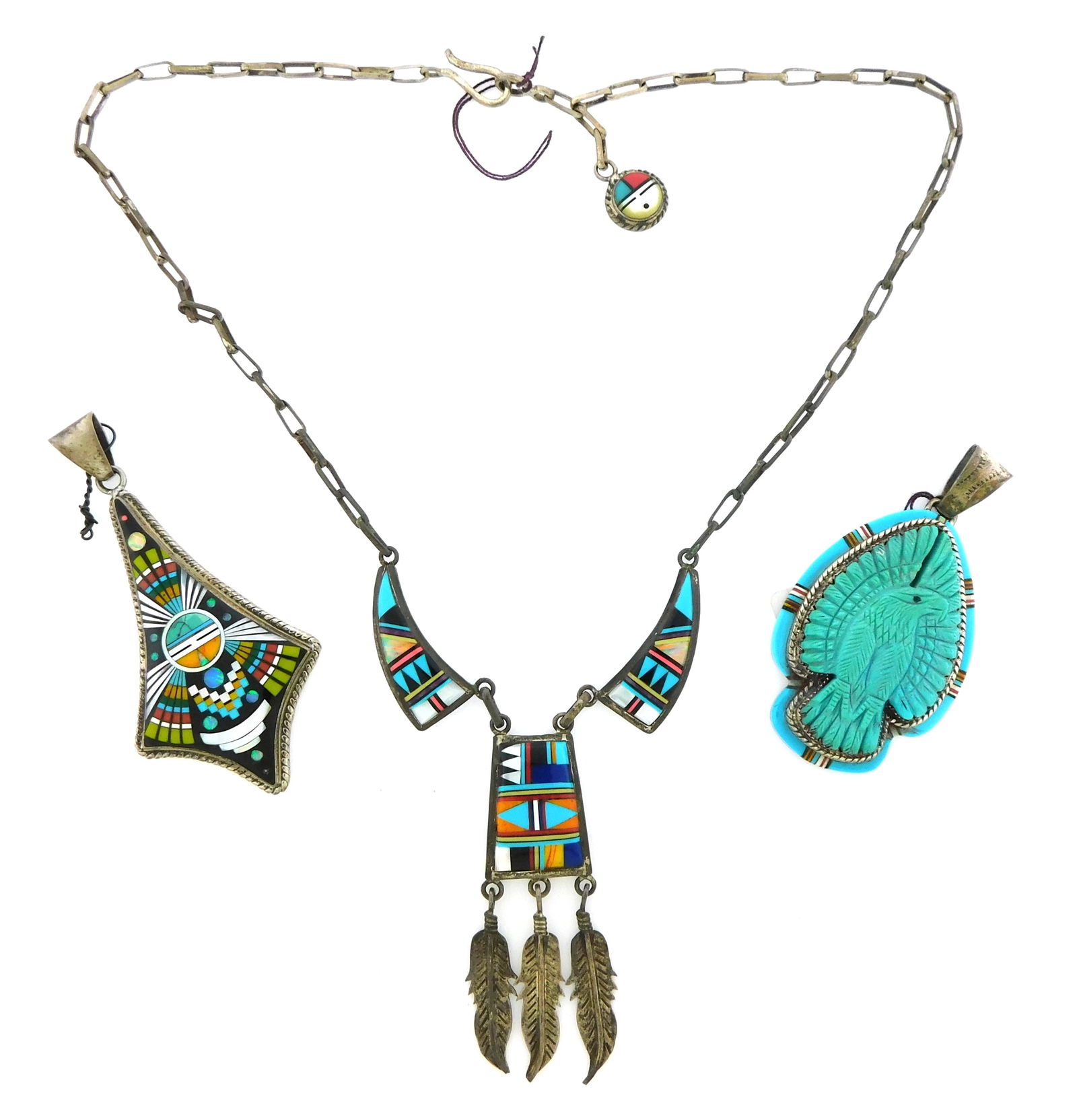 JEWELRY: Three sterling and Zuni style inlaid pieces, handcrafted, one necklace and two pendants in  (1 of 3)