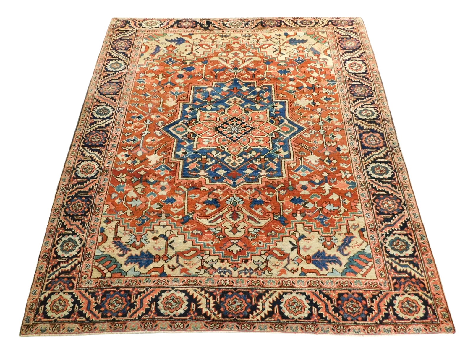 RUG: Antique Persian Heriz, 8' 4" x 9' 10", hand-woven, wool on cotton, single medallion, cream span (1 of 3)