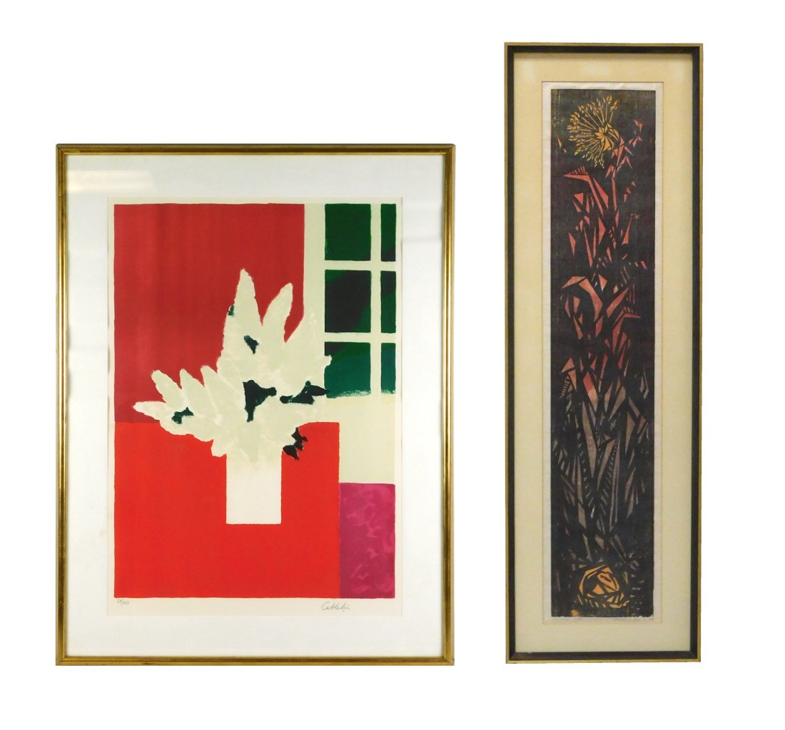 Bernard Cathelin, David W. Stearns, two framed prints, including: Bernard Cathelin (French, 1919-200: Bernard Cathelin, David W. Stearns, two framed prints, including: Bernard Cathelin (French, 1919-2004), "Lilas ala Table Rouge", lithograph, abstract with green, red, and purple, pencil signed lower r