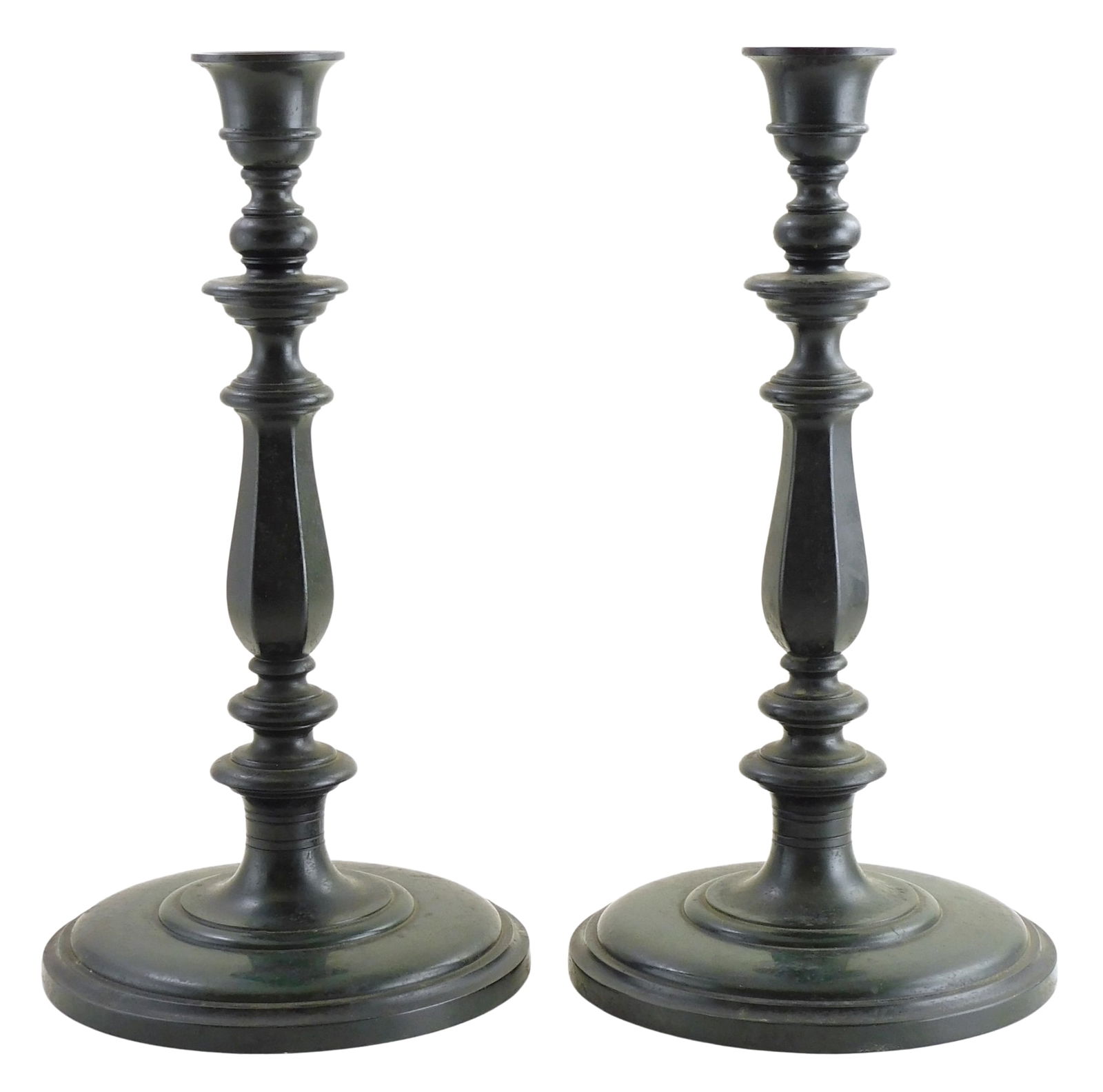 Tiffany & Co. pair of bronze candlesticks, early to mid 20th C., dark patina with forest green hue, (1 of 5)