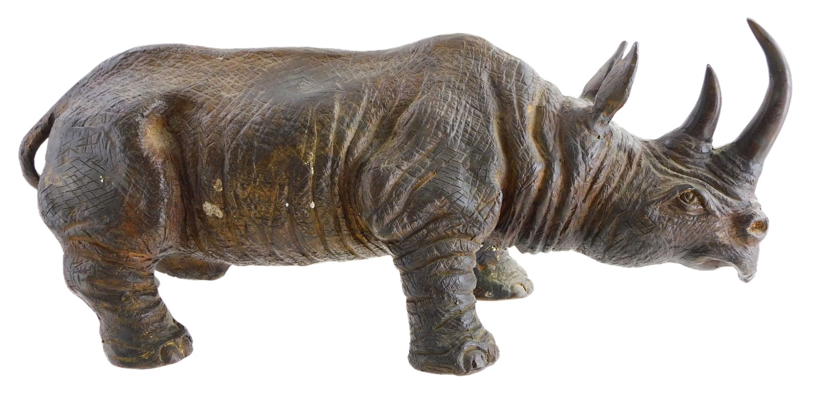 Bronze rhinoceros sculpture, 20th C., standing male, finely detailed, no maker's mark viewed, (1 of 4)