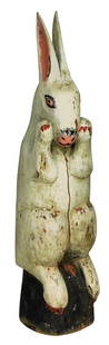 FOLK ART: Standing rabbit sculpture, 20th C. folk art, carved from log, later polychrome painted: FOLK ART: Standing rabbit sculpture, 20th C. folk art, carved from log, later polychrome painted finish, carved with upright ears and paws holding face, prominent painted red claws to hands and feet,