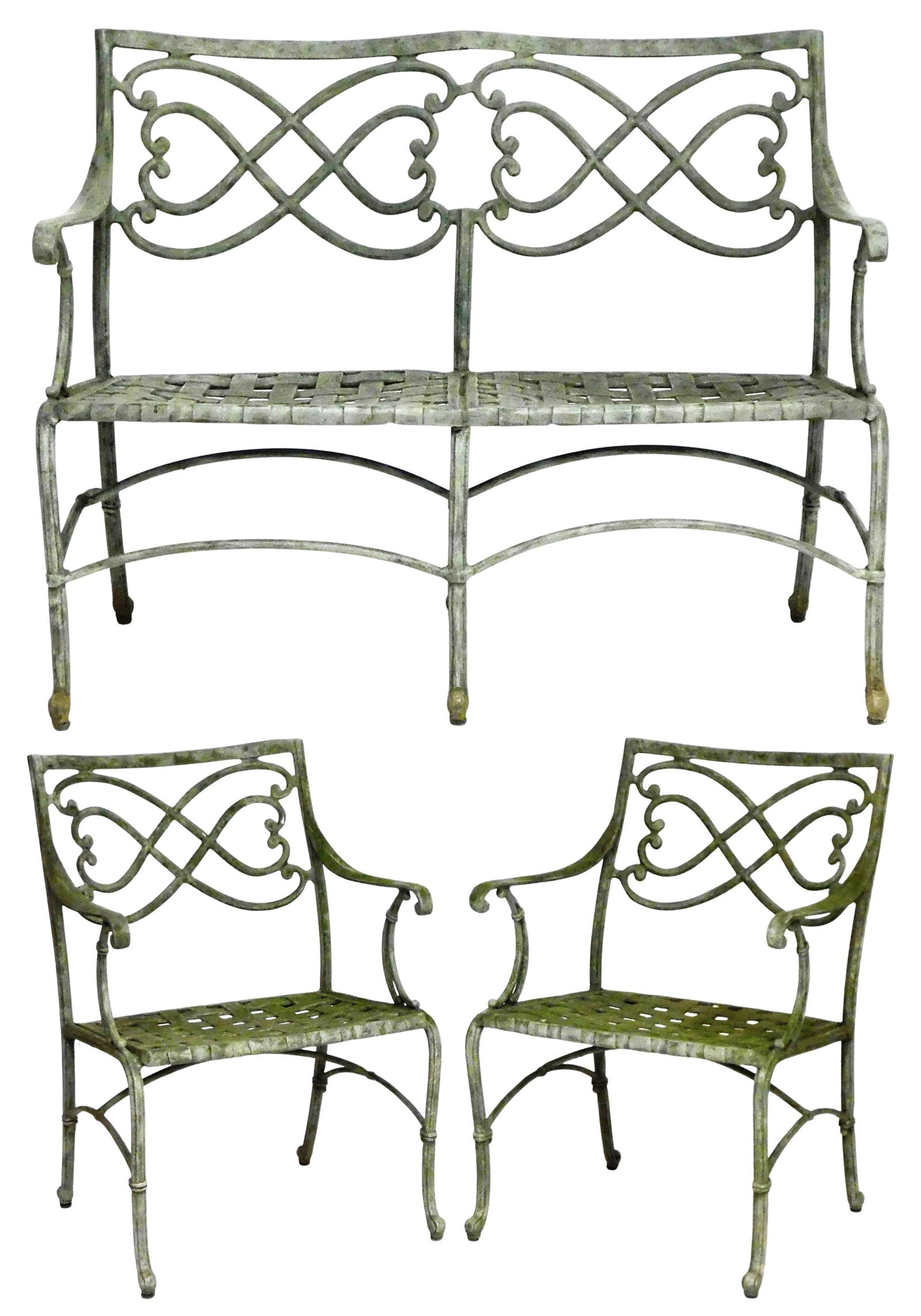 GARDEN: Contemporary cast metal bench/ settee and two armchairs, all with matching scroll backs and (1 of 7)